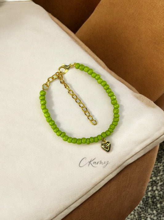 Bracelet femme coeur bombé rocaille vert pomme
