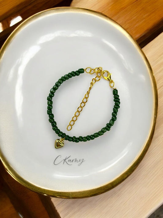 Bracelet femme coeur bombé rocaille vert sapin