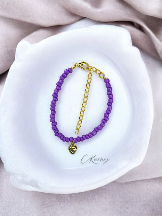 Bracelet femme coeur bombé rocaille violet clair