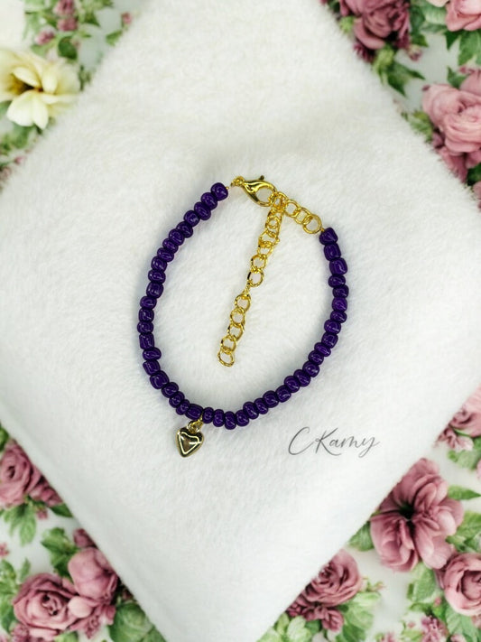 Bracelet femme coeur bombé rocaille violet foncé