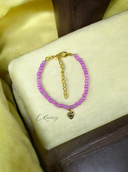 Bracelet femme coeur bombé rocaille violet rose