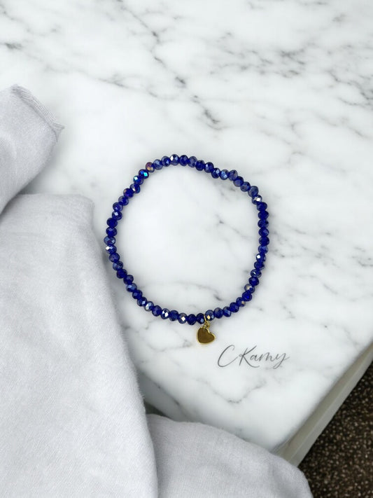 Bracelet femme coeur doré facettes 4mm bleu foncé