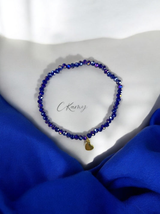 Bracelet femme coeur doré facettes 4mm bleu foncé brillant