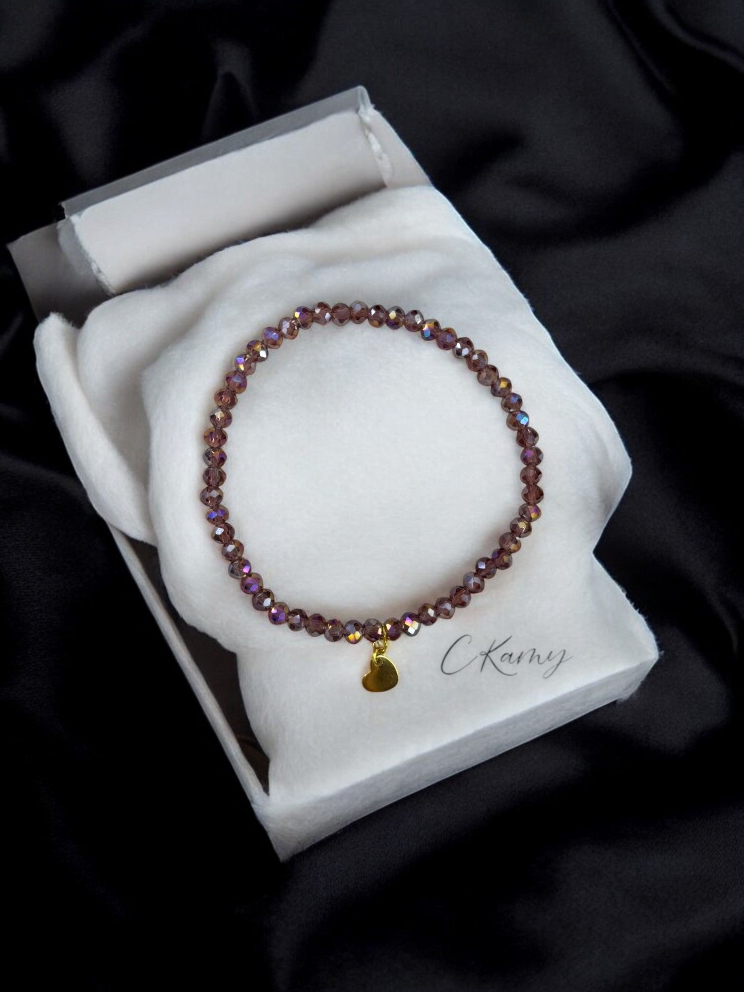 Bracelet femme coeur doré facettes 4mm prune clair
