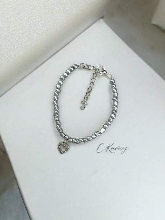 Bracelet femme coeur perlé rocaille argent