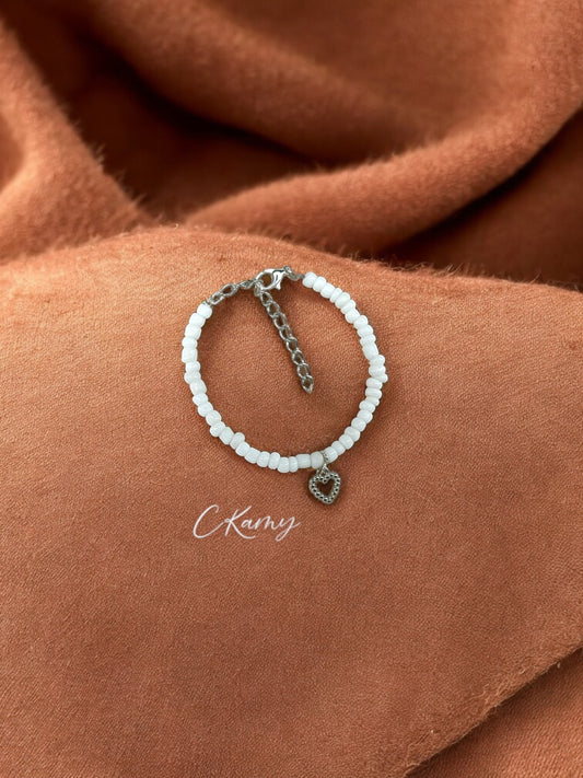 Bracelet femme coeur perlé rocaille blanc