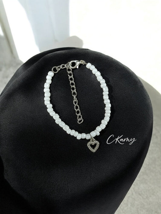 Bracelet femme coeur perlé rocaille blanc brillant