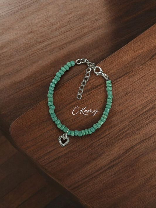 Bracelet femme coeur perlé rocaille bleu vert clair