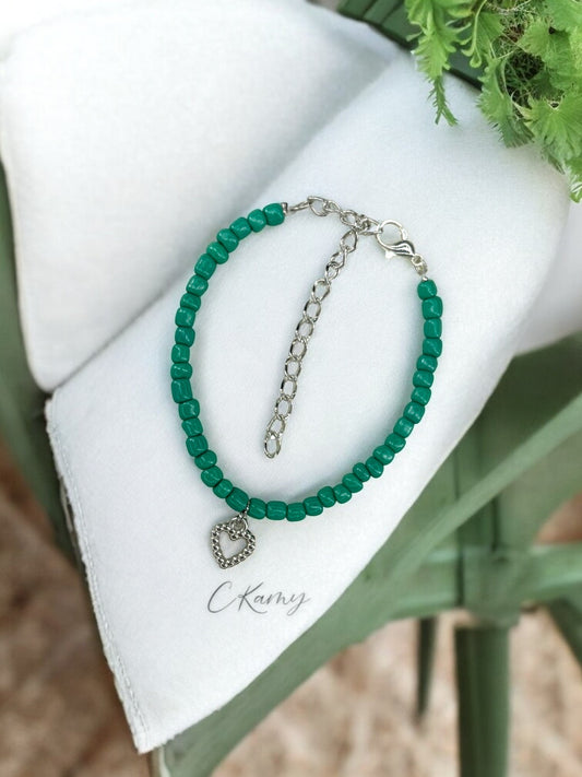 Bracelet femme coeur perlé rocaille bleu vert foncé