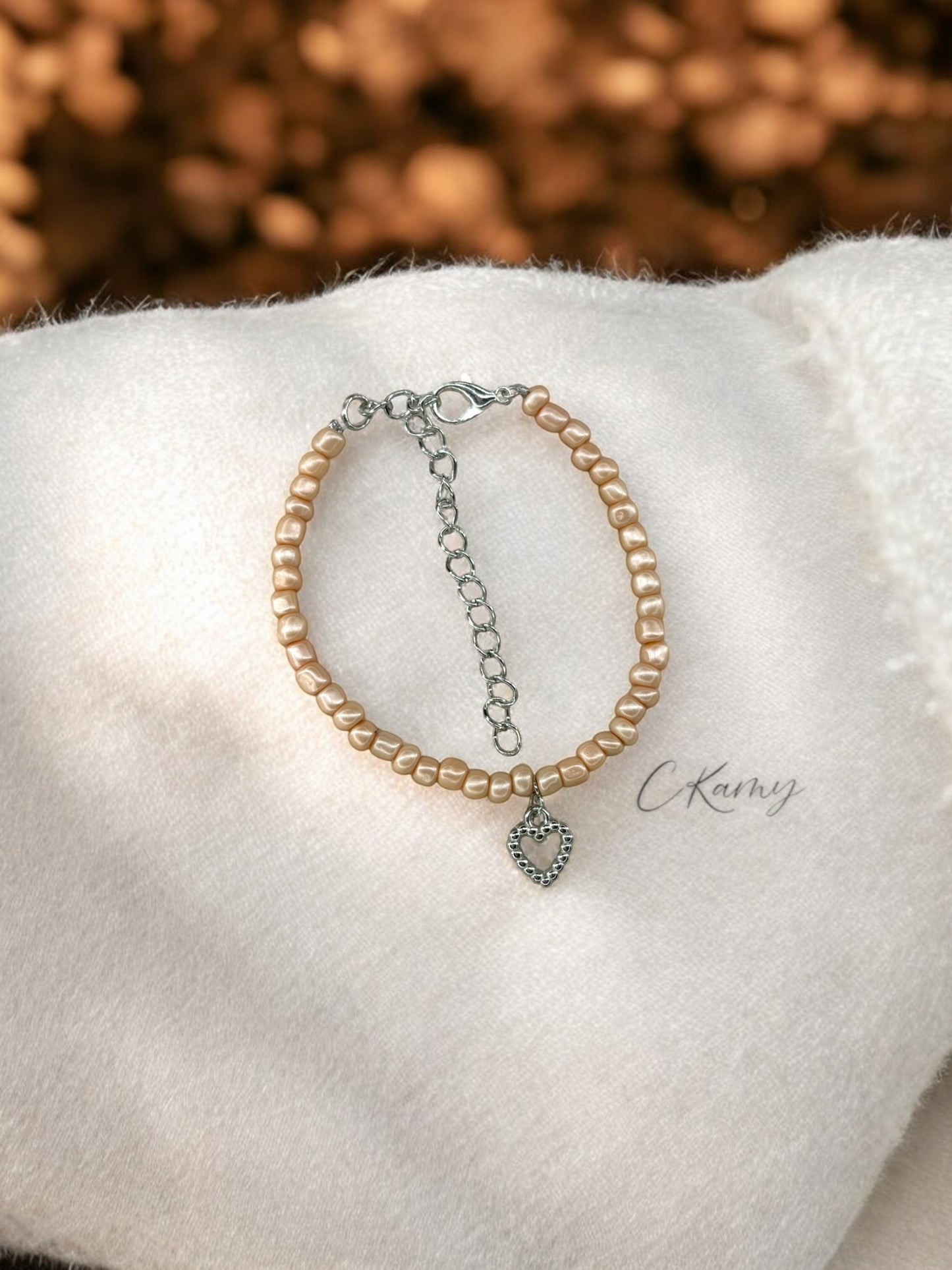Bracelet femme coeur perlé rocaille chair clair