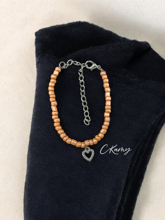 Bracelet femme coeur perlé rocaille chair foncé