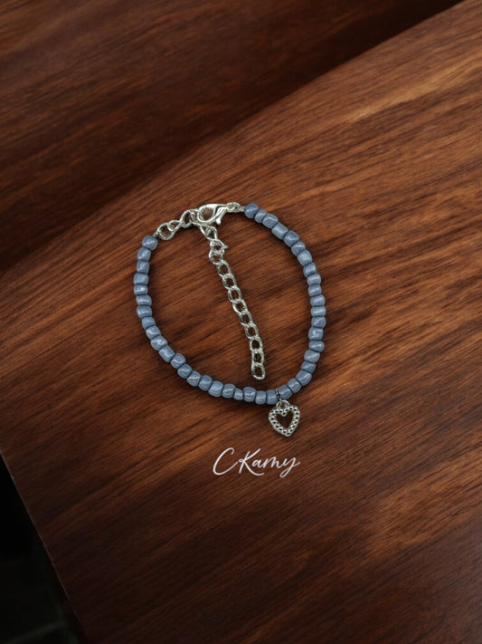 Bracelet femme coeur perlé rocaille gris bleu