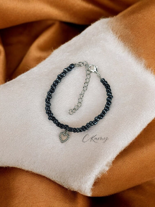 Bracelet femme coeur perlé rocaille noir brillant