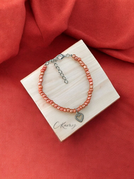 Bracelet femme coeur perlé rocaille rose corail