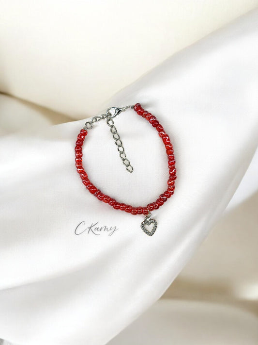Bracelet femme coeur perlé rocaille rouge transparent