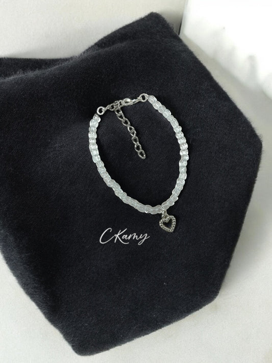 Bracelet femme coeur perlé rocaille transparent