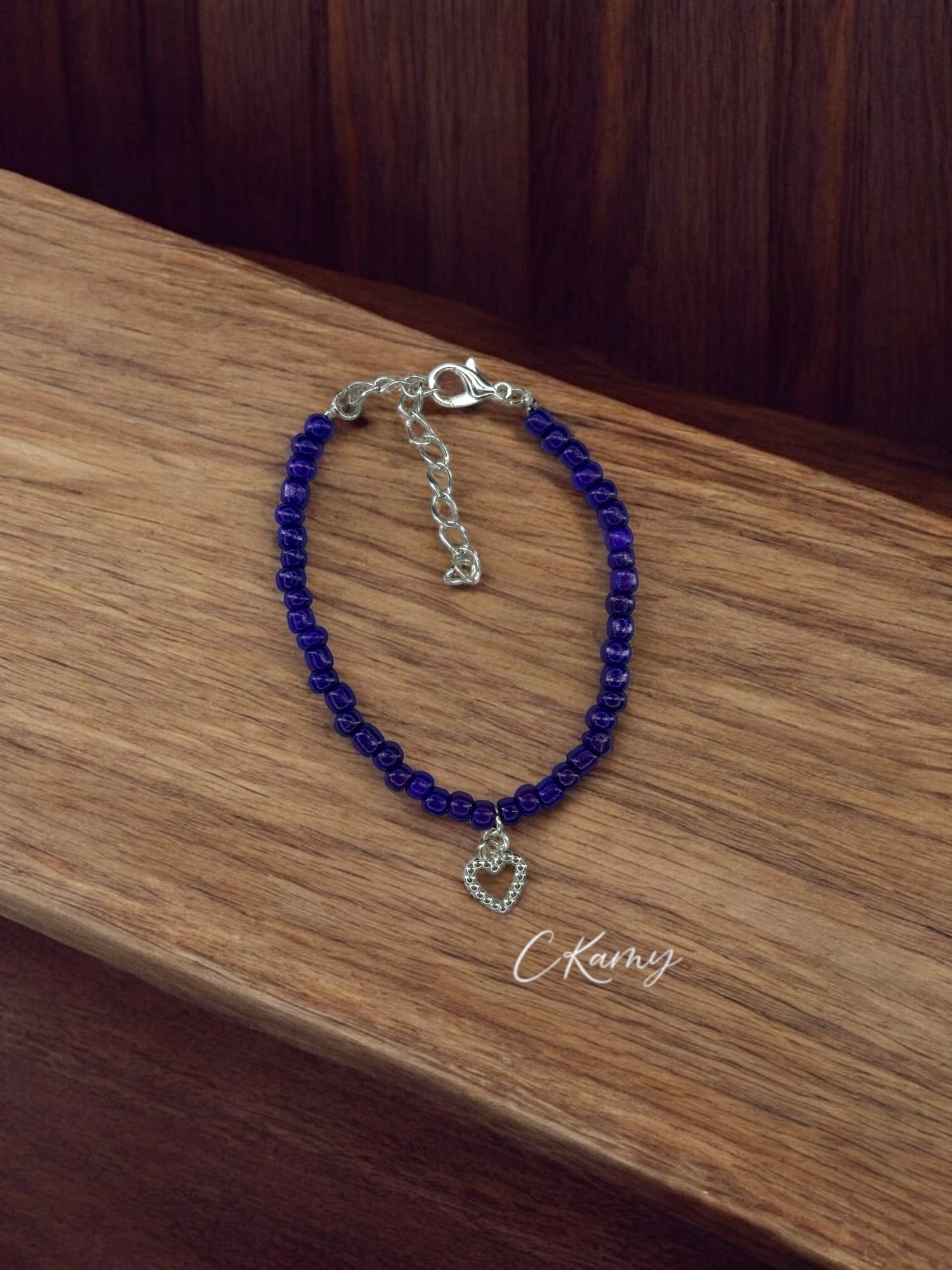 Bracelet femme coeur perlé rocaille violet bleu