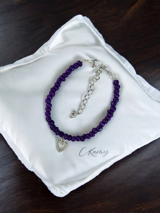 Bracelet femme coeur perlé rocaille violet foncé