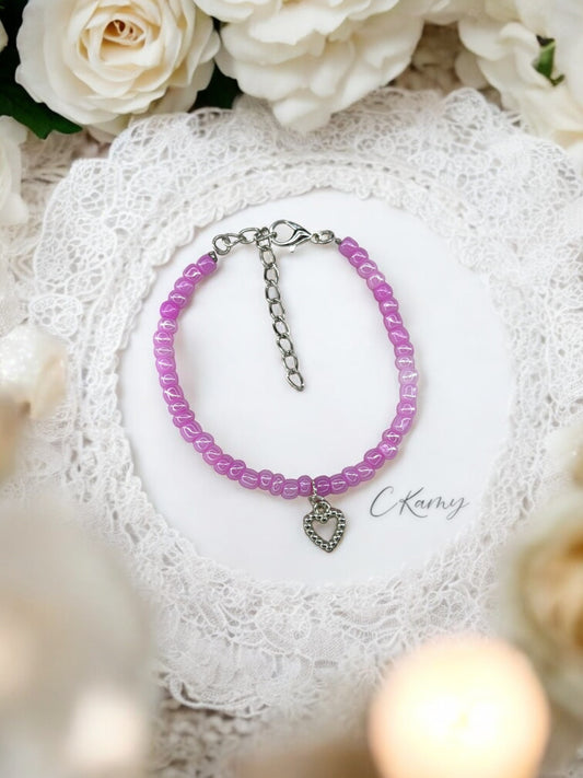 Bracelet femme coeur perlé rocaille violet rose