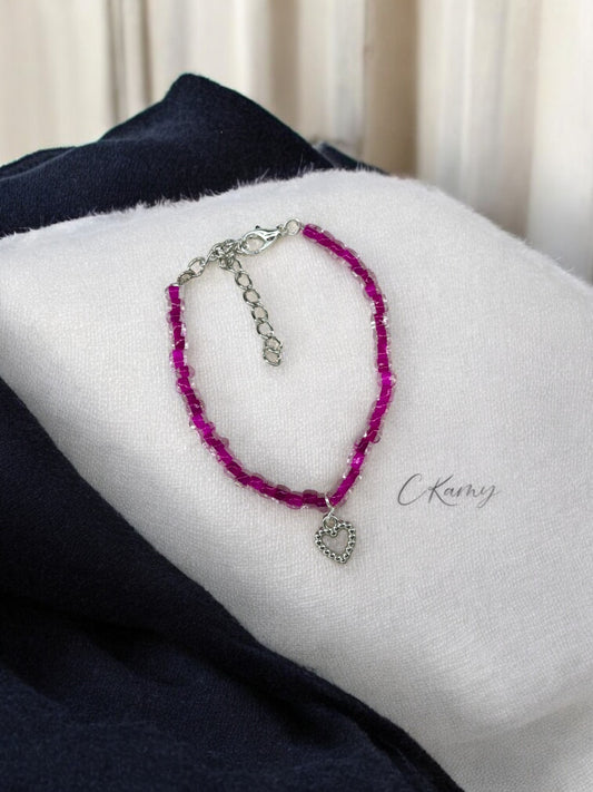 Bracelet femme coeur perlé rocaille violet transparent