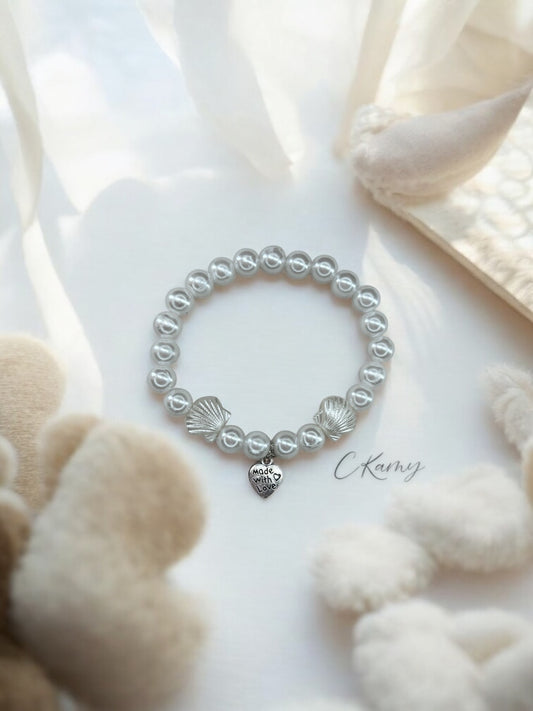 Bracelet femme coquillage nacré coeur blanc brillant