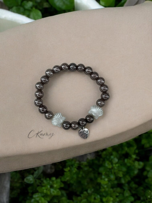 Bracelet femme coquillage nacré coeur marron foncé brillant