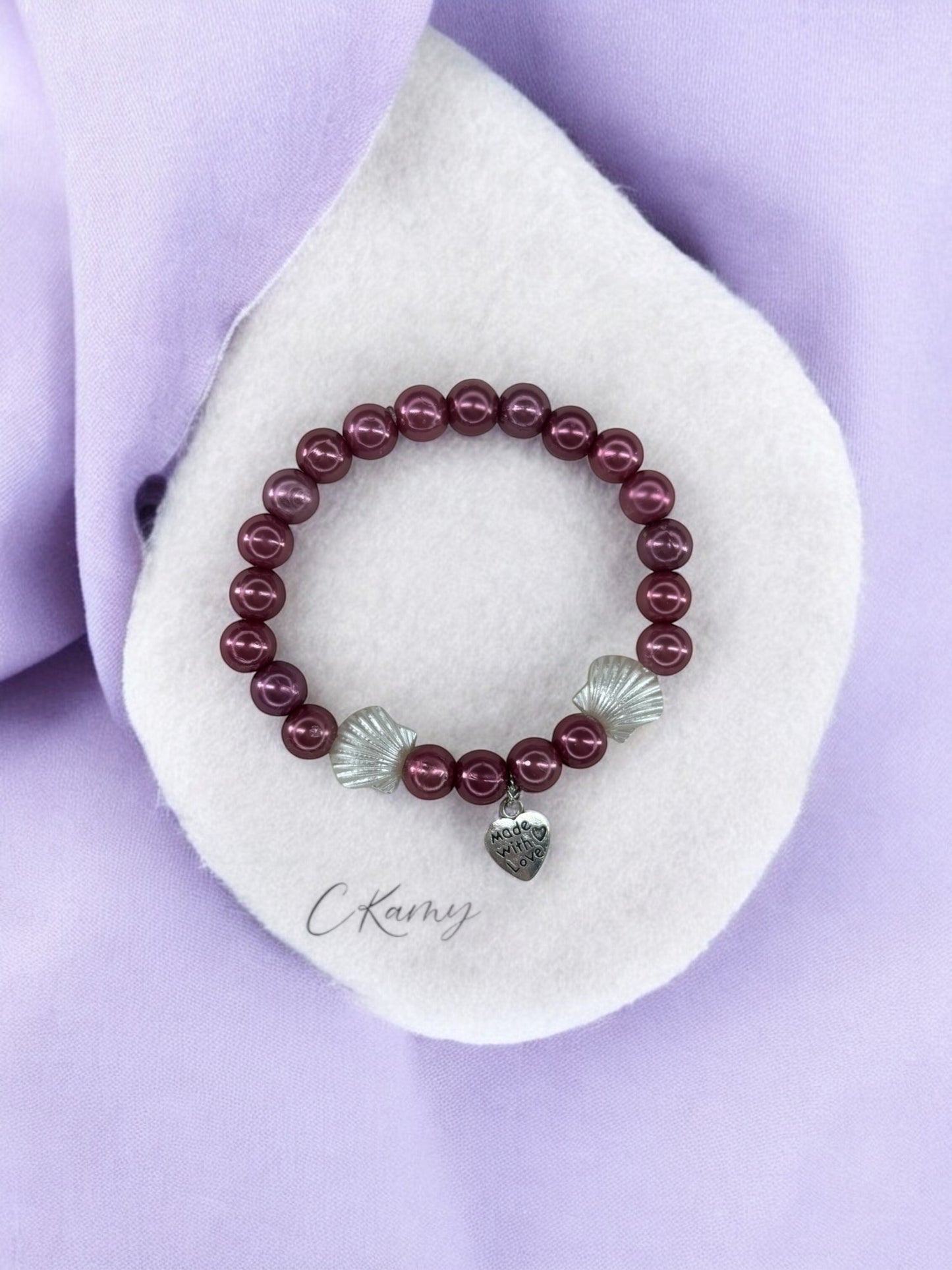 Bracelet femme coquillage nacré coeur prune brillant
