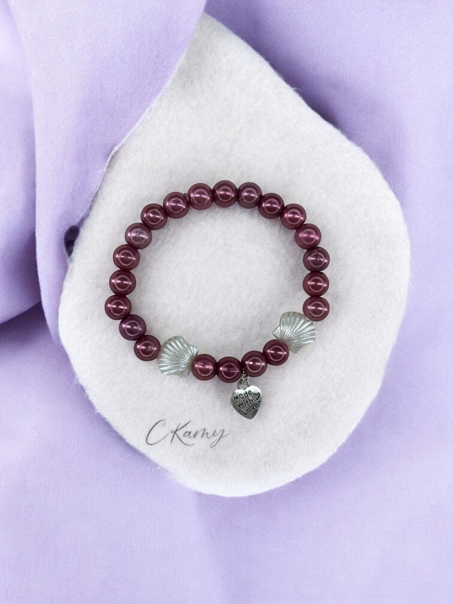 Bracelet femme coquillage nacré coeur prune brillant