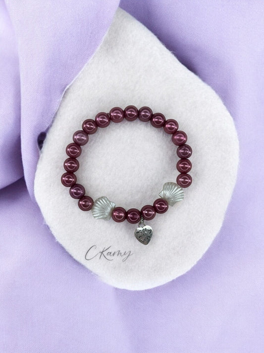 Bracelet femme coquillage nacré coeur prune brillant