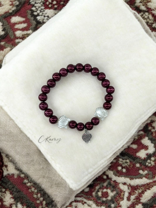 Bracelet femme coquillage nacré coeur prune foncé brillant