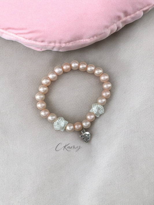 Bracelet femme coquillage nacré coeur rose clair mat