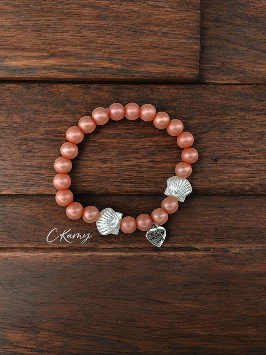 Bracelet femme coquillage nacré coeur rose corail foncé mat