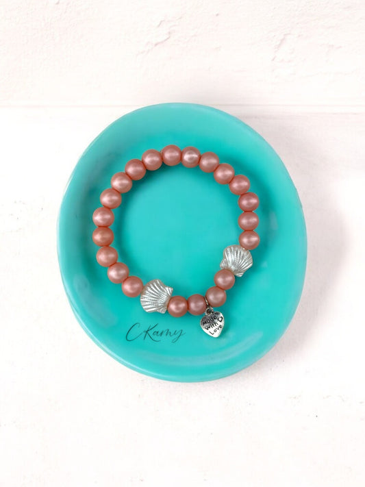 Bracelet femme coquillage nacré coeur rose corail mat