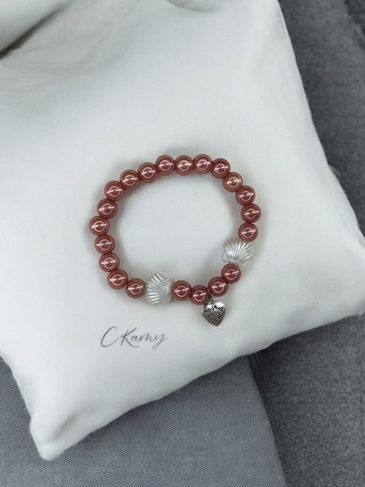 Bracelet femme coquillage nacré coeur rose pêche foncé brillant