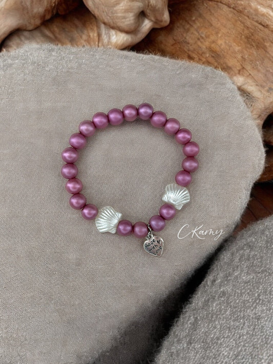 Bracelet femme coquillage nacré coeur violet clair mat