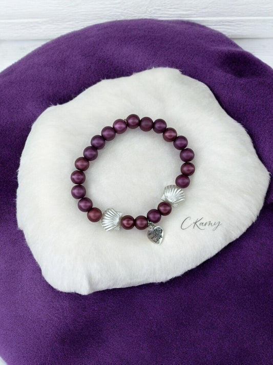 Bracelet femme coquillage nacré coeur violet foncé mat