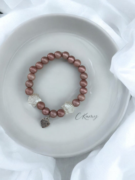 Bracelet femme coquillage nacré coeur violet rosé mat