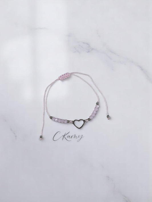 Bracelet femme cordon coeur argent facettes rose
