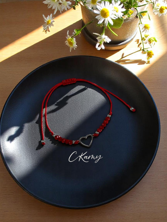 Bracelet femme cordon coeur argent facettes rouge