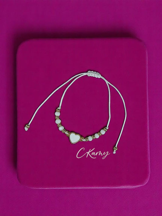 Bracelet femme cordon coeur couleur facettes blanc