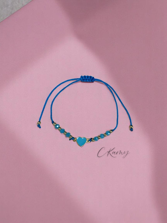 Bracelet femme cordon coeur couleur facettes bleu