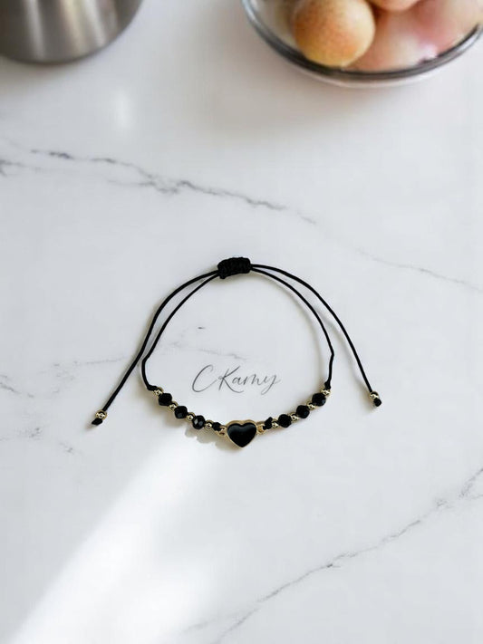 Bracelet femme cordon coeur couleur facettes noir