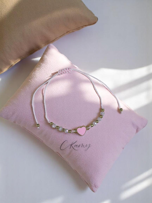 Bracelet femme cordon coeur couleur facettes rose clair