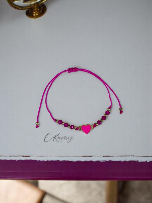 Bracelet femme cordon coeur couleur facettes rose flash
