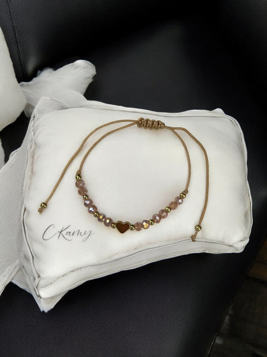 Bracelet femme cordon coeur doré facettes beige