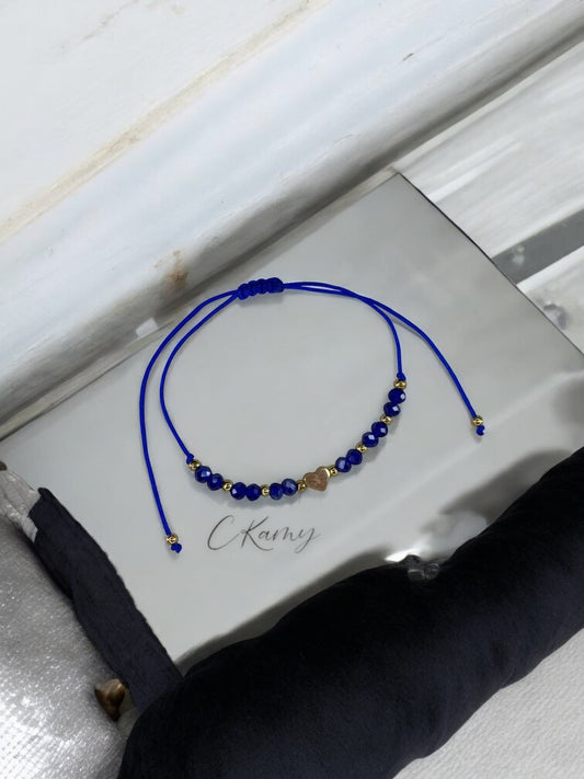 Bracelet femme cordon coeur doré facettes bleu foncé