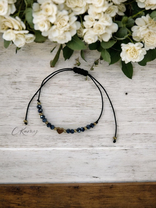 Bracelet femme cordon coeur doré facettes noir