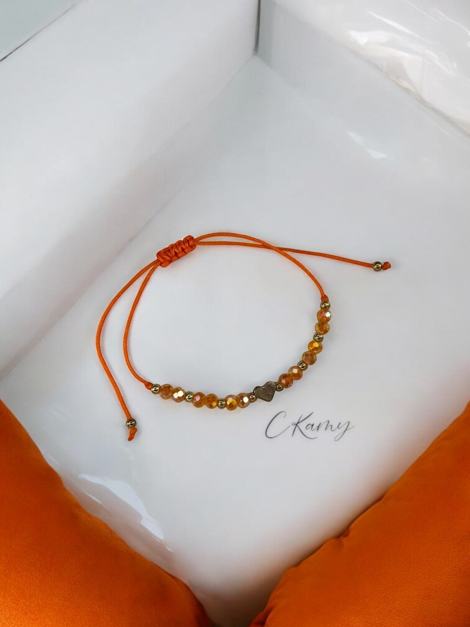 Bracelet femme cordon coeur doré facettes orange