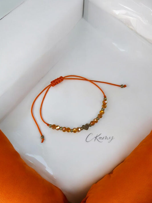 Bracelet femme cordon coeur doré facettes orange