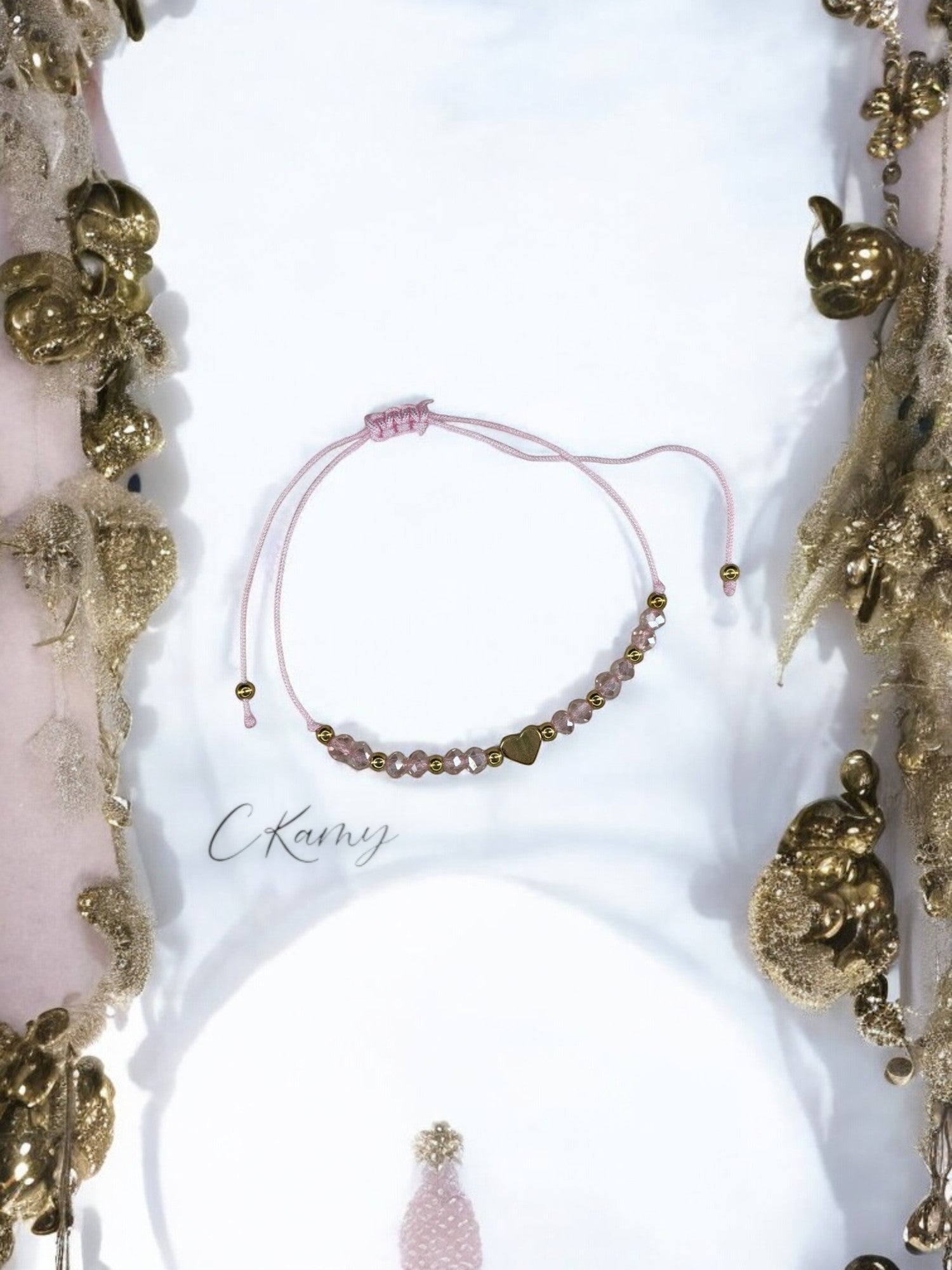 Bracelet femme cordon coeur doré facettes rose clair